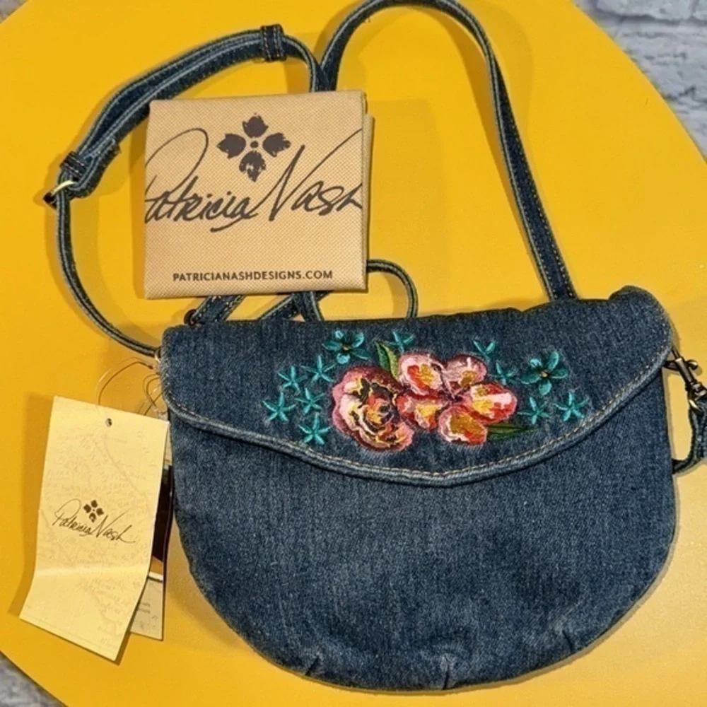 Patricia Nash Granada Boho Floral Denim Embroidered Crossbody Bag Casual Purse